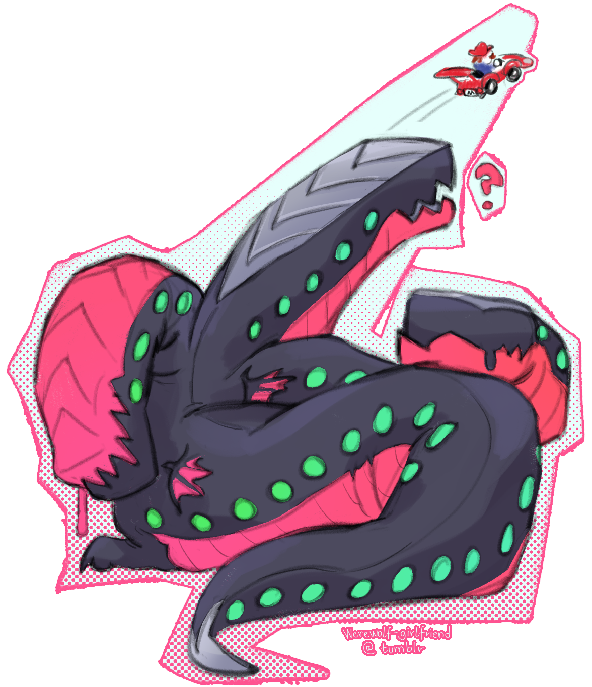 Digital art of a dark grey and pink three-headed warmachine creature. The middle head is lifted and a small mariokart is seen flying off of it.